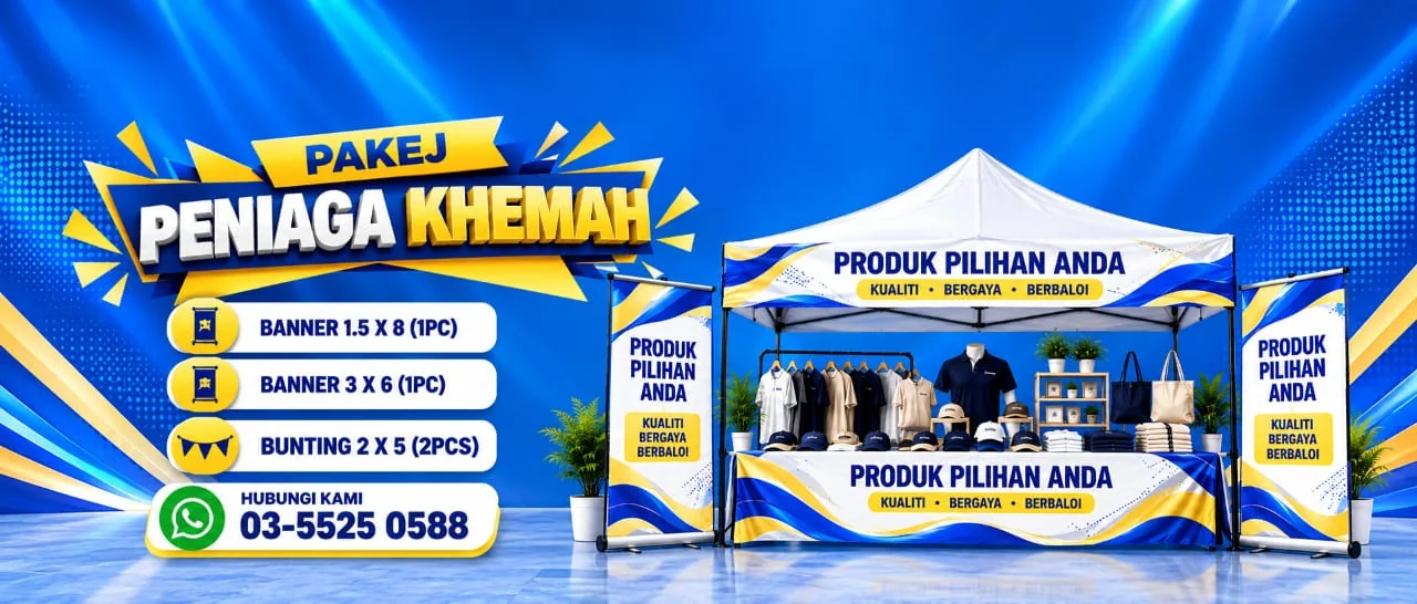 Pakej Peniaga Khemah. Banner, bunting dan reka bentuk khas percuma untuk perniagaan anda.